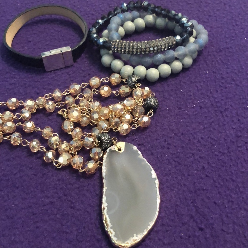 Necklace and bracelet set-blue bracelets are stretchy, necklace has large stone